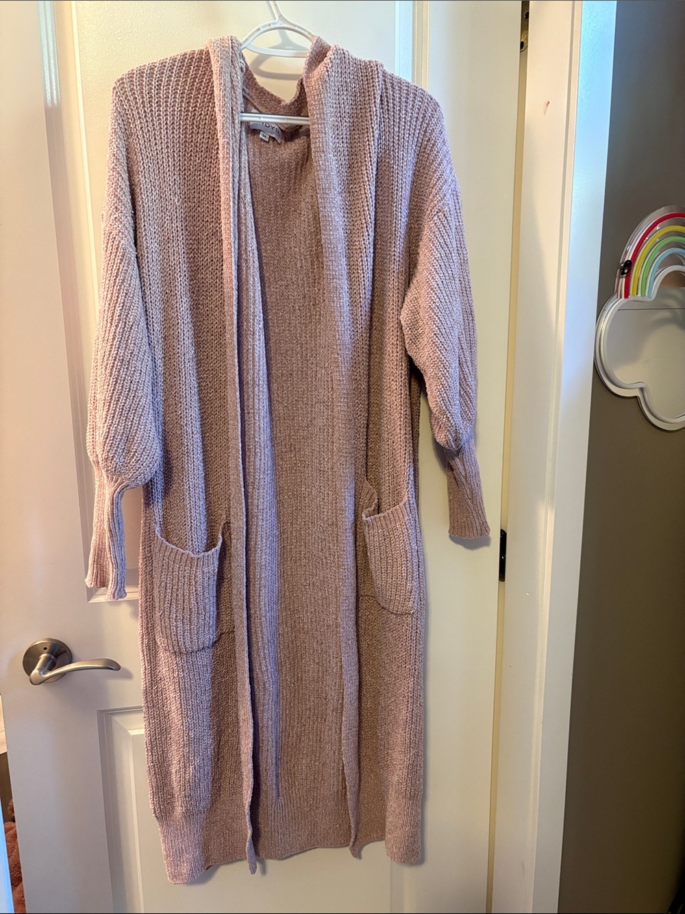 Long Open-Front Hooded Knit Cardigan Sweater - Dusty Pink